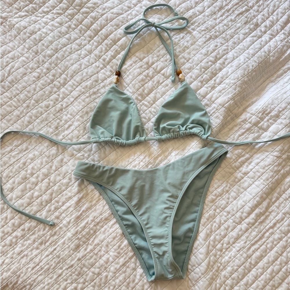 Abercrombie Beaded Halter String Triangle Bikini Top & High-Leg Cheeky Bottom